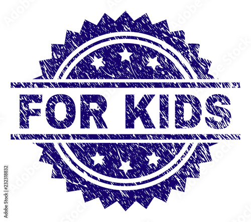FOR KIDS stamp seal watermark with distress style. Blue vector rubber print of FOR KIDS caption with unclean texture.