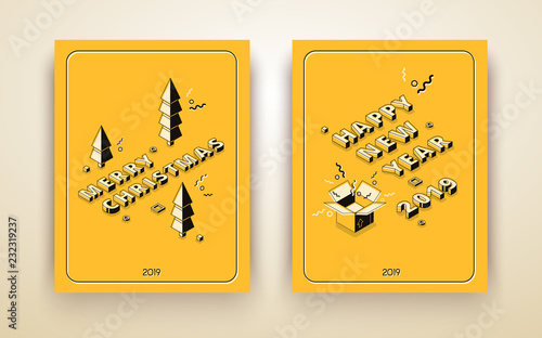 Merry Christmas and happy New Year isometric vector greeting card, holiday poster or brochure cover design template with christmas trees, gift box line art illustrations. Winter holidays in 2019 flyer