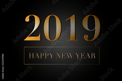 Illustrazione testo HAPPY NEW YEAR 2019 in oro, sfondo nero e grigio, vettoriale Festività