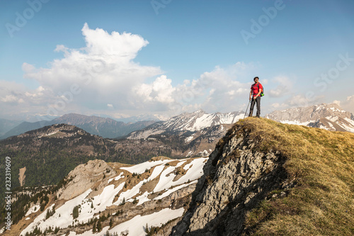 Hiker trekking French Alps, Parc naturel rí©gional du Massif des Bauges, Chatelard-en-Bauges, Rhone-Alpes, France photo