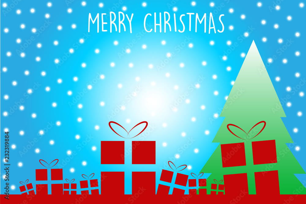 Illustrazione pacchi regalo e albero di natale, sfondo blu con neve, testo Merry Christmas, Natale
