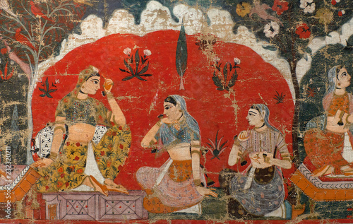Three girls - ancient famous Nepalese painting in Royal palace in Patan, Nepal