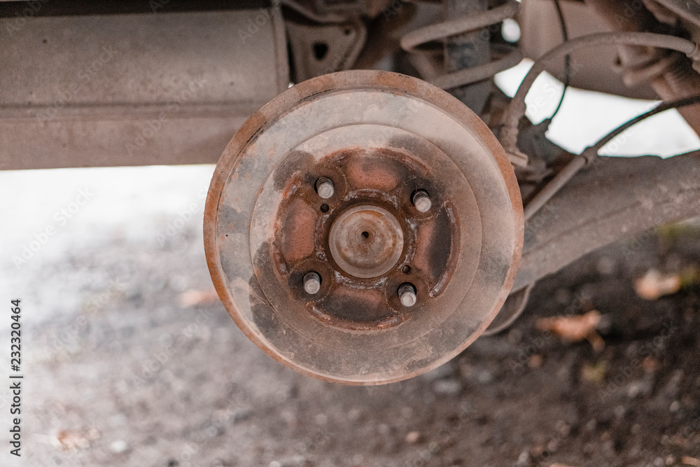 Small car repair. Wheel removed. brake pads Small car repair. Wheel removed. brake pads