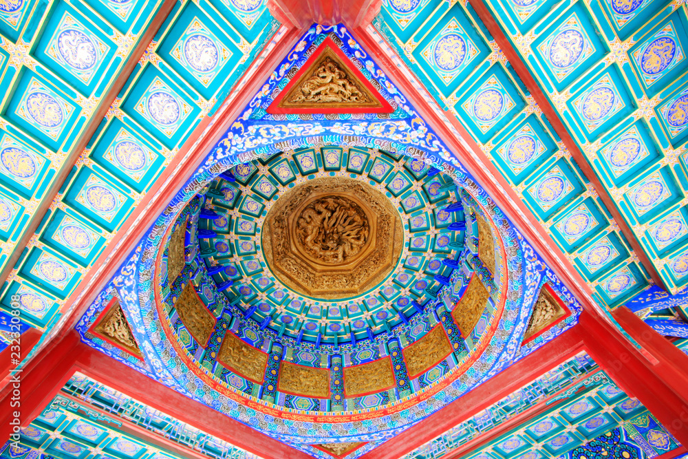 Elegant color wooden sculpture on ceiling，Beihai Park，Beijing, China