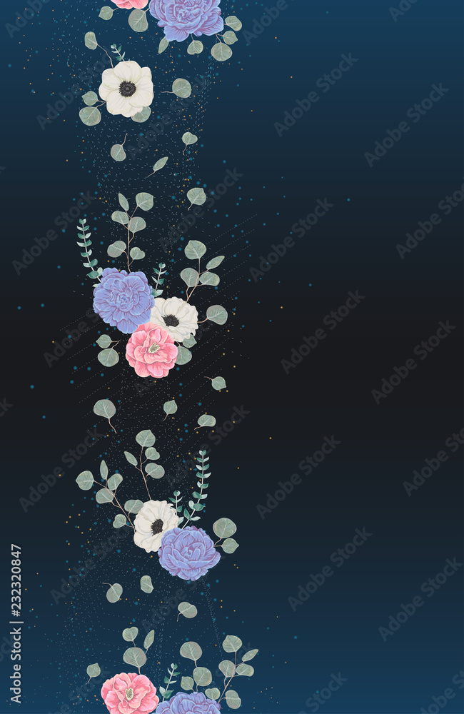 Fotografie Seamless border with particles and floral elements in watercolor style