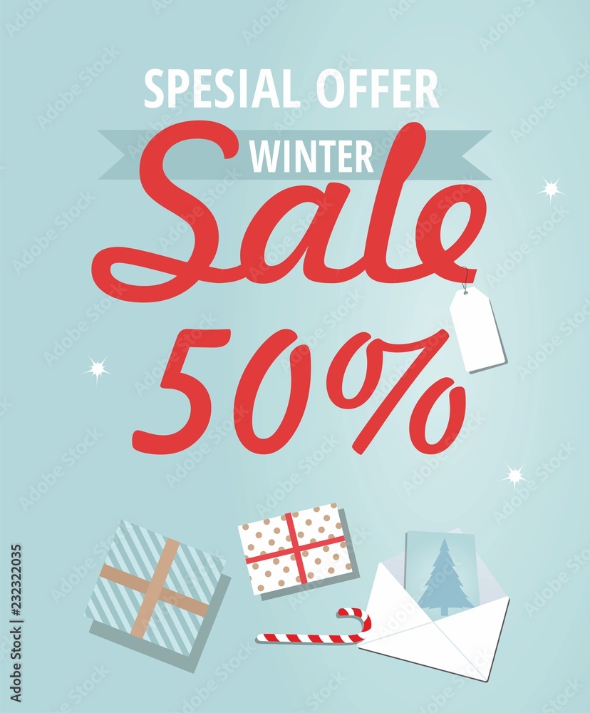 Winter sale banner with presents and greeting card. Winter sale banner with presents and greeting card.