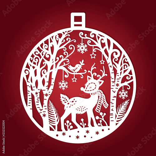 Template for laser cutting. Christmas ball with a deer and a winter forest. For design of cards, menu, Christmas decorations, etc. Vector