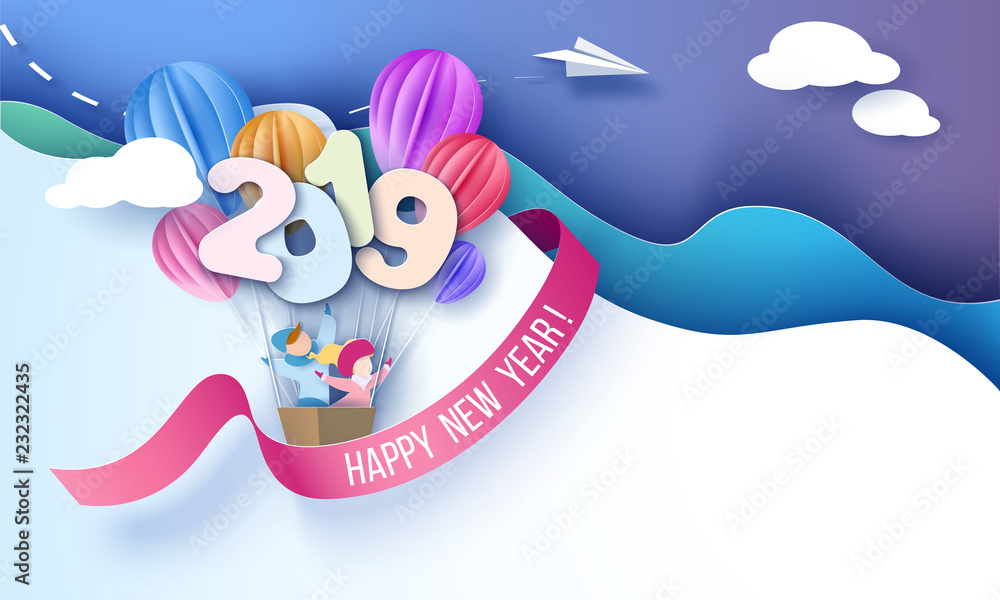 2019 Happy New Year design card with kids 2019 Happy New Year design card with kids