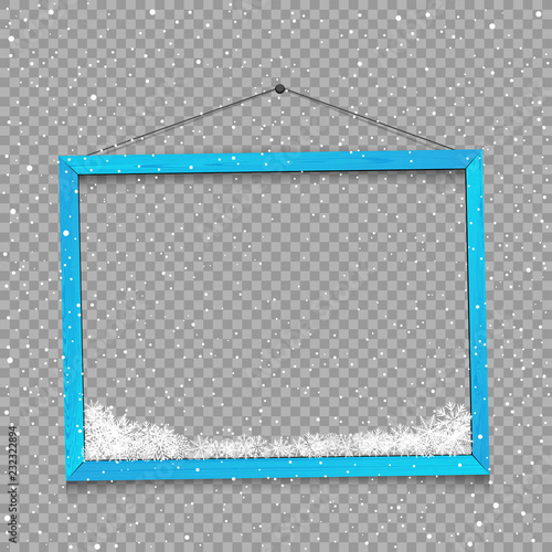 Christmas square photo frame with snow and shadow on transparent background. Wooden blue plank with snowflake bottom. Photograph empty blank holiday celebration template