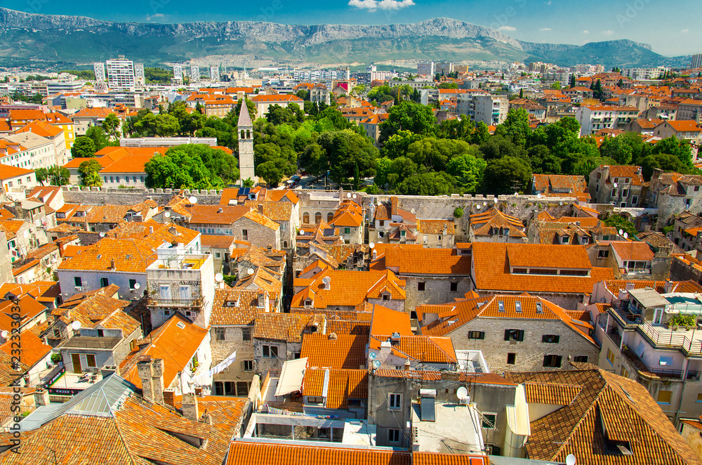 Top aerial view of Split old city buildings, Dalmatia, Croatia