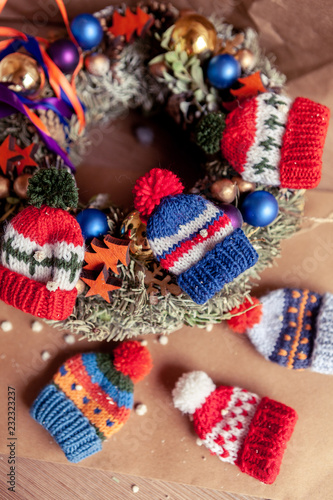 Small knitted multicolored hats.