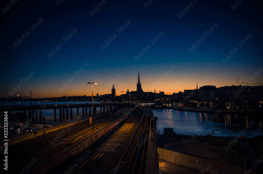 Fototapeta premium Silhouette of Stockholm cityscape skyline at sunset, dusk, Sweden