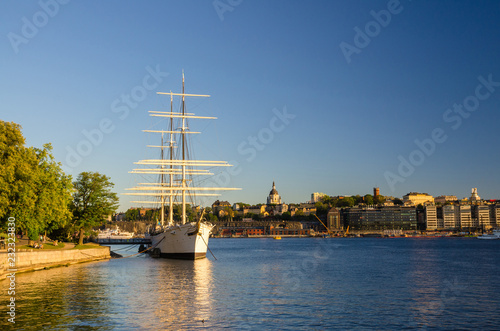 White ship hostel af Chapman moored on Lake Malaren, Stockholm, Sweden photo