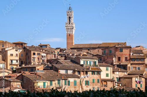 Cityscape with houses, narrow streets and brick towers of Siena, Tuscany. City in Italy © radiokafka