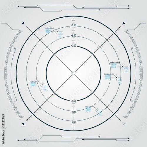 Digital radar screen. Futuristic HUD with datailed panels.