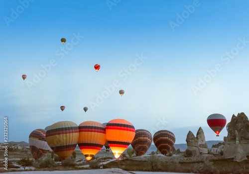 Morning start of Hot air balloon flying over Cappadocia.