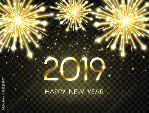 2019 Happy New Year background with glitter, fireworks, sparkles and stars. Happy holiday backdrop with bright golden text and numbers. Luxury festive design for greeting card. Vector illustration