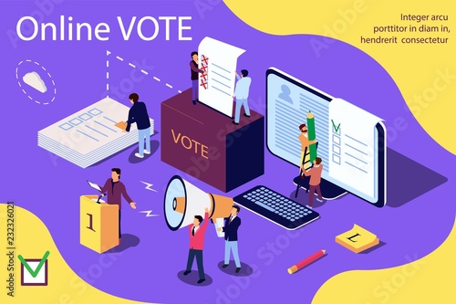 Isometric illustration concept. Group of people give online vote and putting papper vote in to the vote box. Content for web page, banner, social media, documents, cards, posters, news.