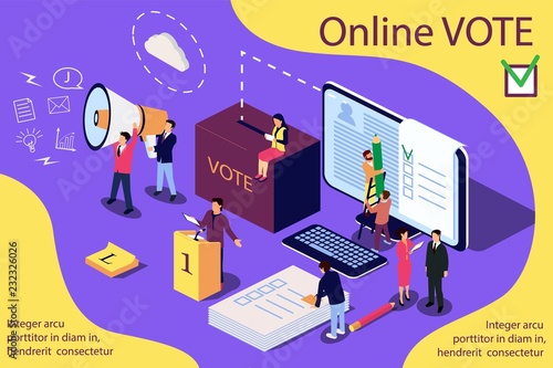 Isometric illustration concept. Group of people give online vote. Content for web page, banner, social media, documents, cards, posters, news. photo