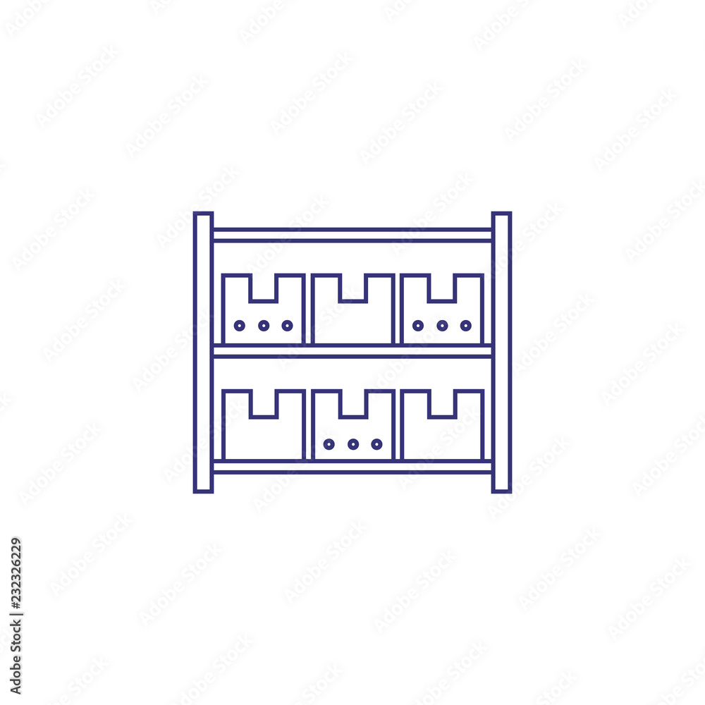 Shelves with boxes line icon. Warehouse, storage room, merchandise. Distribution concept. Vector illustration can be used for topics like business, delivery, shipment Shelves with boxes line icon. Warehouse, storage room, merchandise. Distribution concept. Vector illustration can be used for topics like business, delivery, shipment