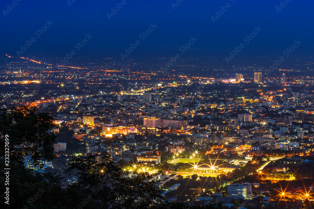 View cityscape over the city center of Chiang mai,Thailand at twilight night.