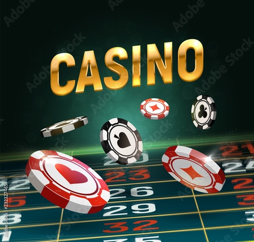 Online casino vector illustration. Black and red chips falling on gaming table with golden text on dark background