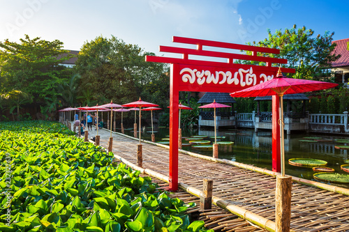 The Bamboo bridge  Sapan Boon Wat Chet Lin  Pagoda temple It is a major tourist attraction in Chiang Mai  Thailand  October 14  2018