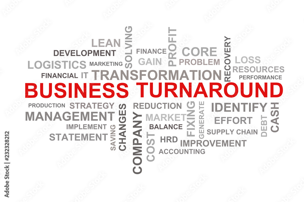 BUSINESS TURNAROUND concept in word clouds format on white background, The financial recovery of a company that has been performing poorly for an extended time. BUSINESS TURNAROUND concept in word clouds format on white background, The financial recovery of a company that has been performing poorly for an extended time.