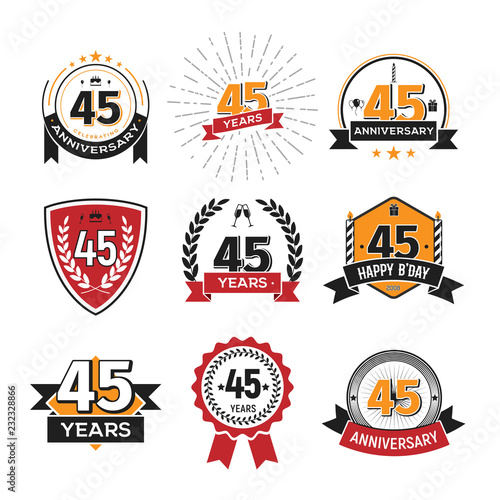 Collection of retro 45 th years anniversary logo. Set of Isolated vintage icons of forty-five years celebrating vector illustration