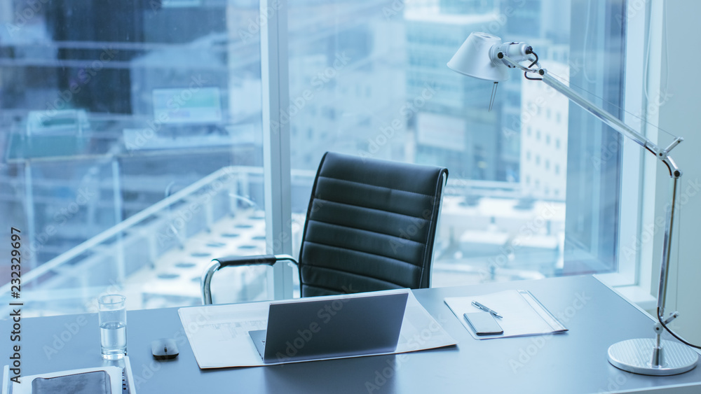 High Angle Shot of a Working Desk of an Successful Person in Office with Cityscape Window View. - obrazy, fototapety, plakaty 