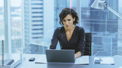 Portrait of the Successful Smiling Businesswoman Working on a Laptop in Her Office with Cityscape View Window. Beautiful Independend Female CEO Runs Company.