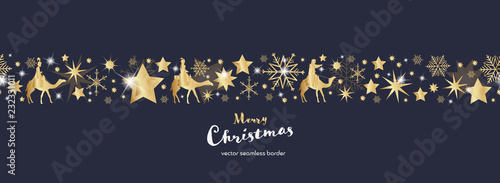 Christmas time. Dark blue and golden snowflake and star seamless border with three kings. Text : Merry Christmas 