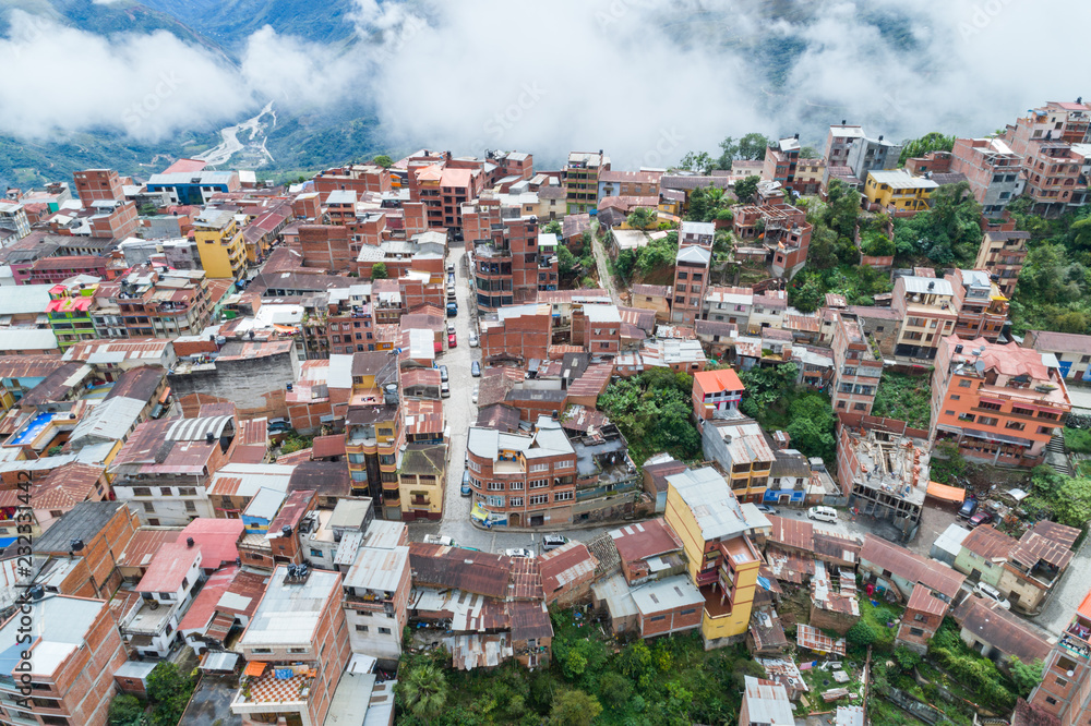 Aerial view of the town of Coroico in the Yungas of La Paz, Bolivia