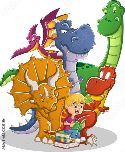 Cartoon boy reading a book to big dinosaurs. 