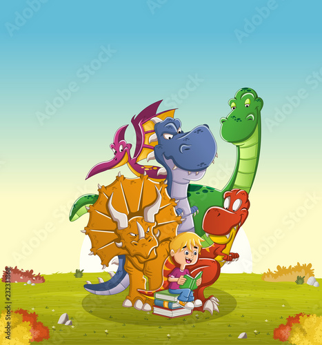 Cartoon boy reading a book to big dinosaurs on green park. 