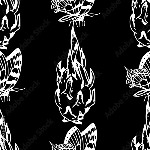 pitaya, pitahaya tropical fruit, butterfly seamless pattern