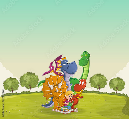 Cartoon boy reading a book to big dinosaurs on green park. 