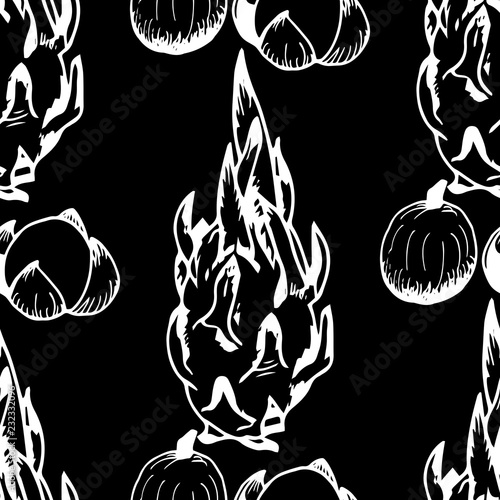 longan, pitahaya tropical fruits seamless pattern