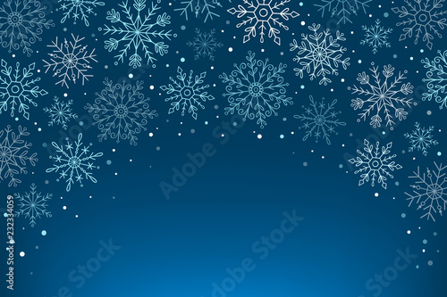 Hand drawn blue snowflakes background. Snowflakes isolated on blue background. Blank space for adding text. Vector illustration.