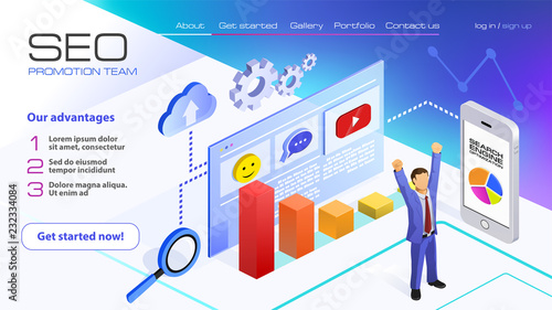 SEO analytics team landing page. Businessman enjoys victory. Search engine optimization analysis concept on ultraviolet background Vector 3d illustration