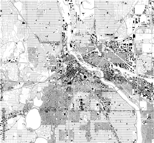 Mappa satellitare di Minneapolis, Minnesota, Usa, strade della città. Stradario e mappa del centro città.  photo
