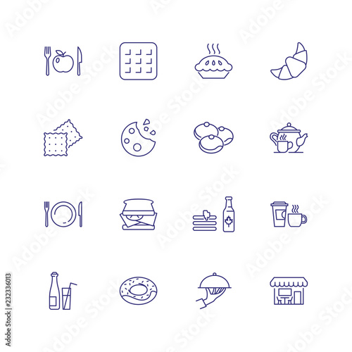 Food and cafe staff icons. Set of line icons on white background. Food and catering concept. Biscuits, cheese, cafe, pie. Vector illustration can be used for topics like catering, food, restaurant