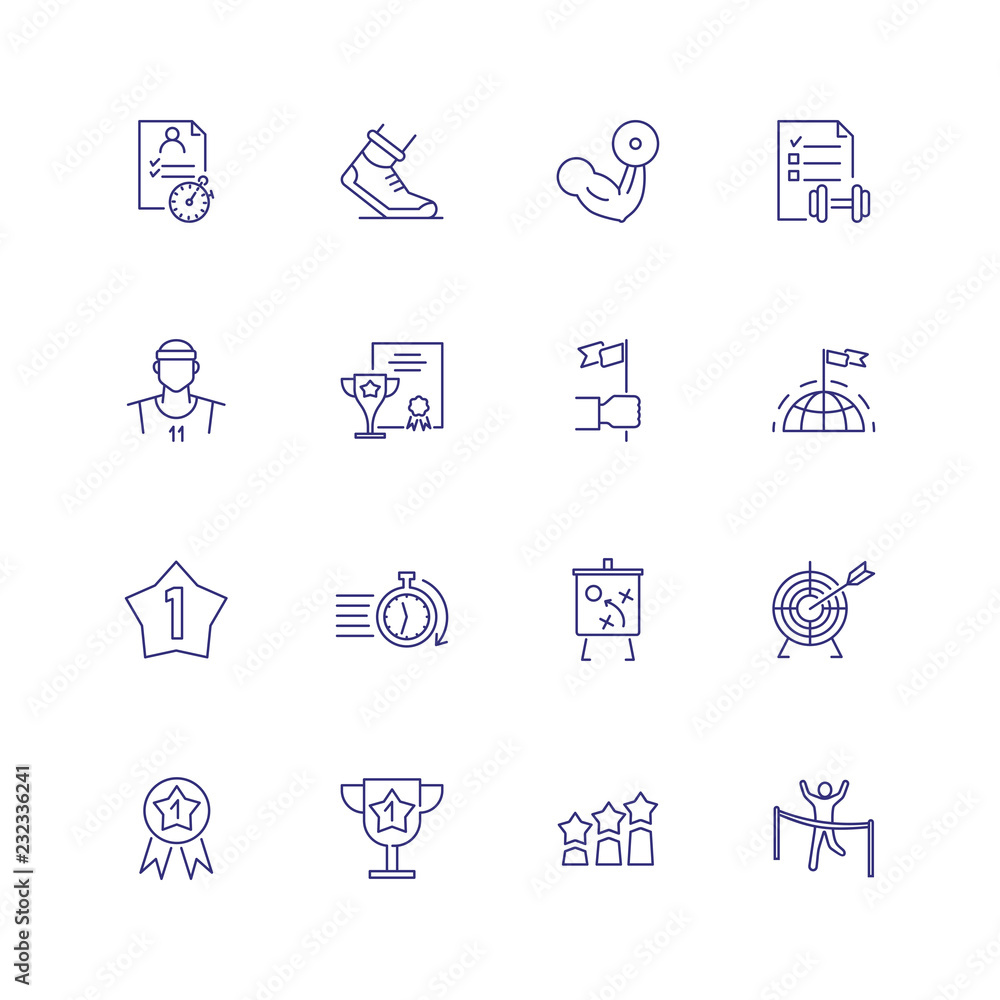 Naklejka premium Sports and competition icons. Set of line icons on white background. Stop watch, runner, champion. Sport concept. Vector illustration can be used for topics like championship, sport