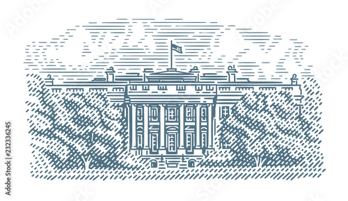 American White House engraving style illustration. Vector. Isolated. 