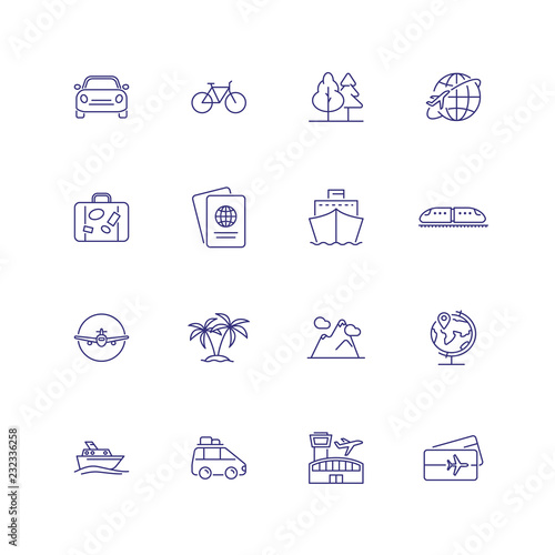 Transport and travelling icons. Set of line icons on white background. Palms, bus, passport, sea ship, ticket. Can be used for topics like trip, travelling, vacation