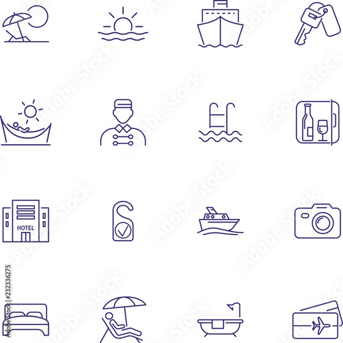 Travelling icons. Set of line icons on white background. Cruise, vacation, sea ship, hotel. Vector illustration can be used for topics like travelling, vacation