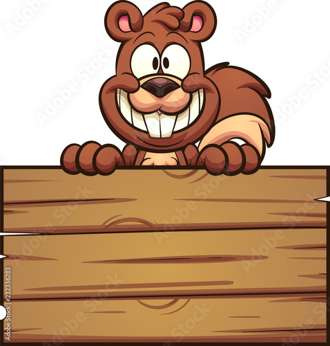 Cartoon squirrel with wooden sign. Vector clip art illustration with simple gradients. squirrel and sign on separate layers. 