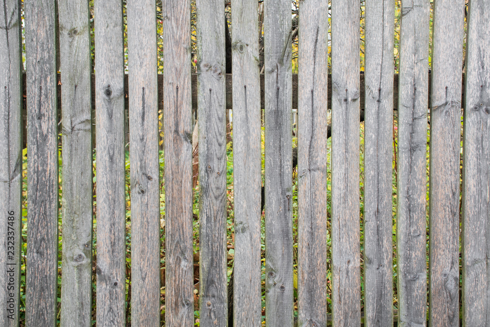 Part of an old picket fence. A rustic gray rotten fence. Part of an old picket fence. A rustic gray rotten fence.