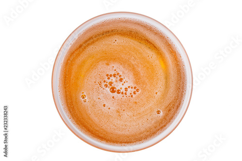 Beer in glass. Beer foam isolated on white background. View from above.