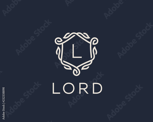 Premium linear shield monogram letter L logotype. Elegant crest leaf stamp icon vector logo. Luxury alphabet frame symbol.